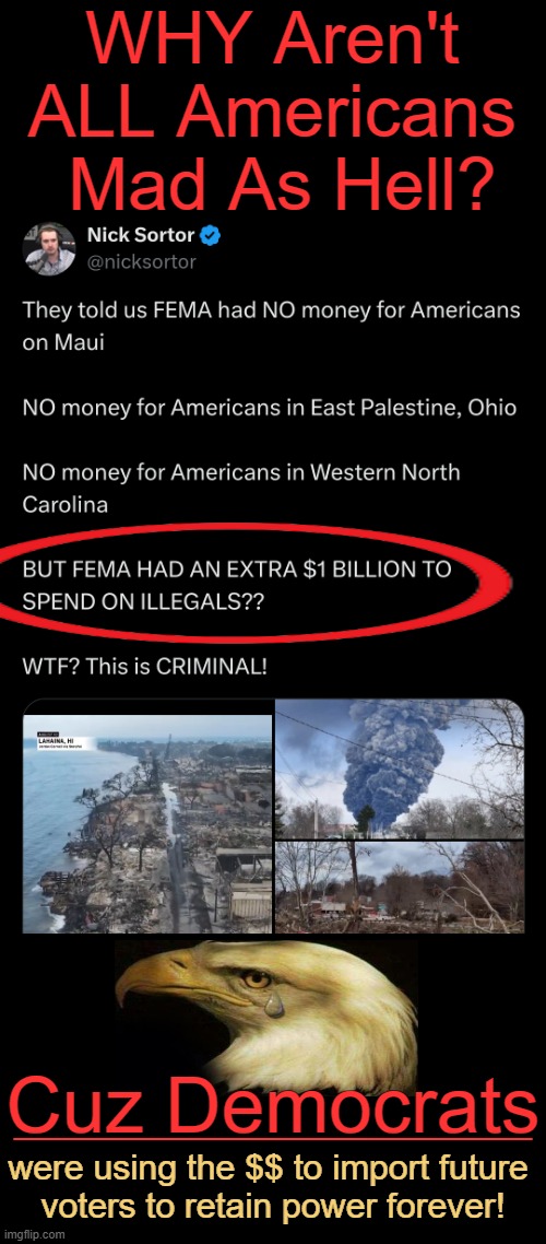 Spend FEMA $$ Only On Americans | WHY Aren't 
ALL Americans 
Mad As Hell? Cuz Democrats; ______________________; were using the $$ to import future 
voters to retain power forever! | image tagged in follow the money,evil,government corruption,illegal aliens,wait that's illegal,emergency | made w/ Imgflip meme maker