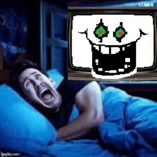 Your first encounter with Photoshop Flowey | image tagged in sans scaring markiplier in his sleep,omega flowey,flowey,undertale,noooooooooooooooooooooooo,spooky | made w/ Imgflip meme maker