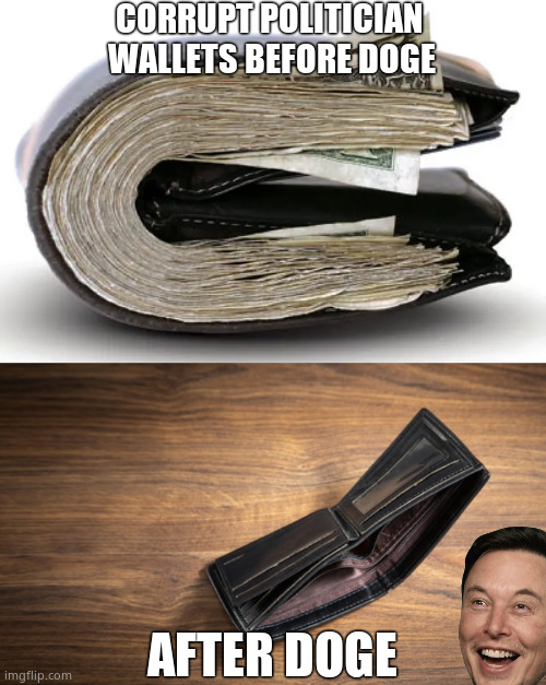 DOGE - Shutting Down Corruption. | CORRUPT POLITICIAN 
WALLETS BEFORE DOGE; AFTER DOGE | image tagged in memes,doge,president trump,elon musk,government corruption,political meme | made w/ Imgflip meme maker