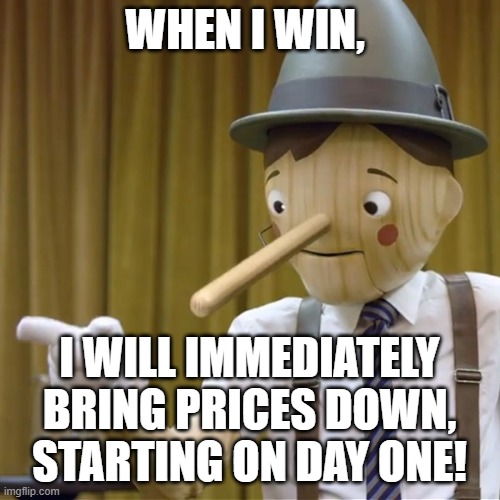 Promises Broken | WHEN I WIN, I WILL IMMEDIATELY BRING PRICES DOWN, STARTING ON DAY ONE! | image tagged in geico pinocchio | made w/ Imgflip meme maker