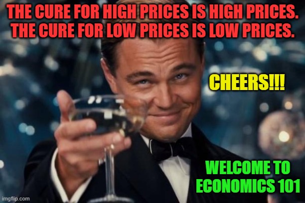 Leonardo Dicaprio Cheers | THE CURE FOR HIGH PRICES IS HIGH PRICES.
THE CURE FOR LOW PRICES IS LOW PRICES. CHEERS!!! WELCOME TO ECONOMICS 101 | image tagged in memes,leonardo dicaprio cheers | made w/ Imgflip meme maker