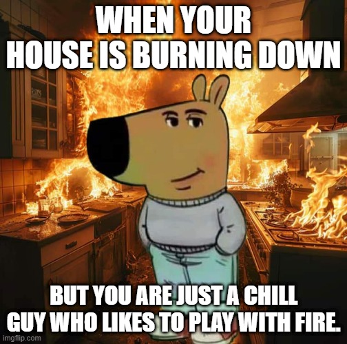 play with fire | WHEN YOUR HOUSE IS BURNING DOWN; BUT YOU ARE JUST A CHILL GUY WHO LIKES TO PLAY WITH FIRE. | image tagged in chill guy | made w/ Imgflip meme maker