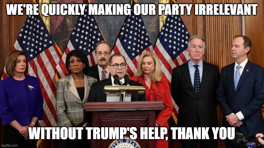 House Democrats | WE'RE QUICKLY MAKING OUR PARTY IRRELEVANT WITHOUT TRUMP'S HELP, THANK YOU | image tagged in house democrats | made w/ Imgflip meme maker