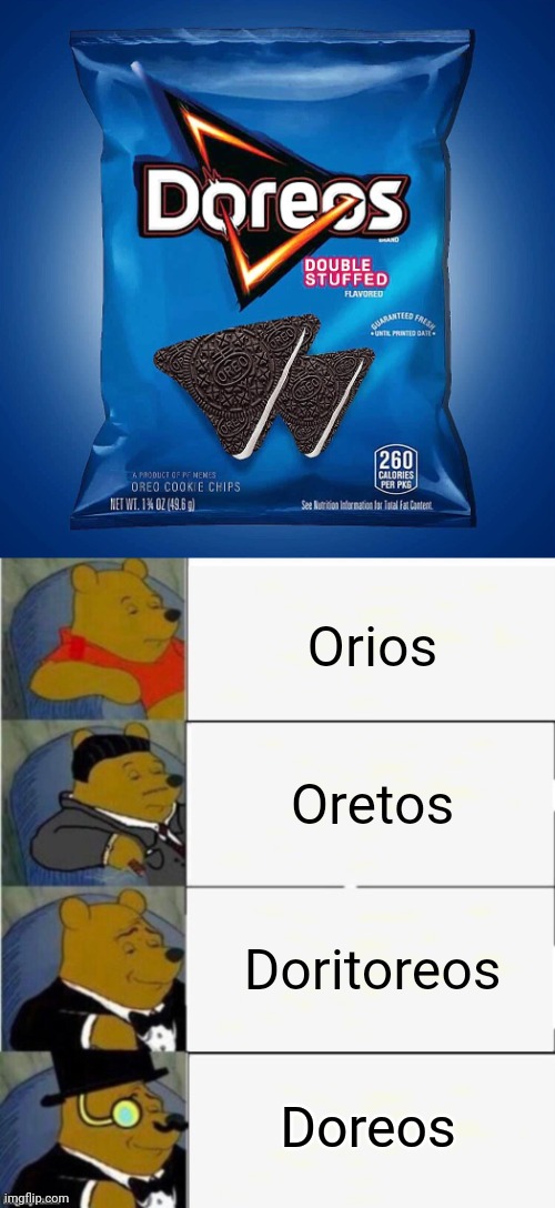 Doreos | Orios; Oretos; Doritoreos; Doreos | image tagged in tuxedo winnie the pooh 4 panel | made w/ Imgflip meme maker