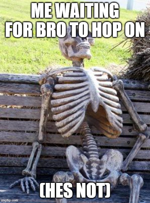 Waiting Skeleton | ME WAITING FOR BRO TO HOP ON; (HES NOT) | image tagged in memes,waiting skeleton | made w/ Imgflip meme maker