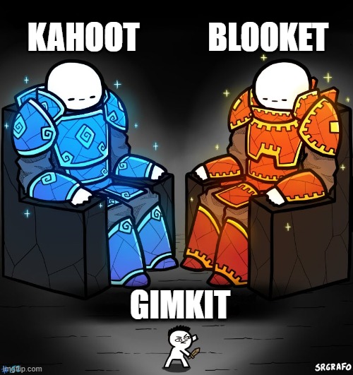 2 gods and a peasant | KAHOOT           BLOOKET; GIMKIT | image tagged in 2 gods and a peasant | made w/ Imgflip meme maker