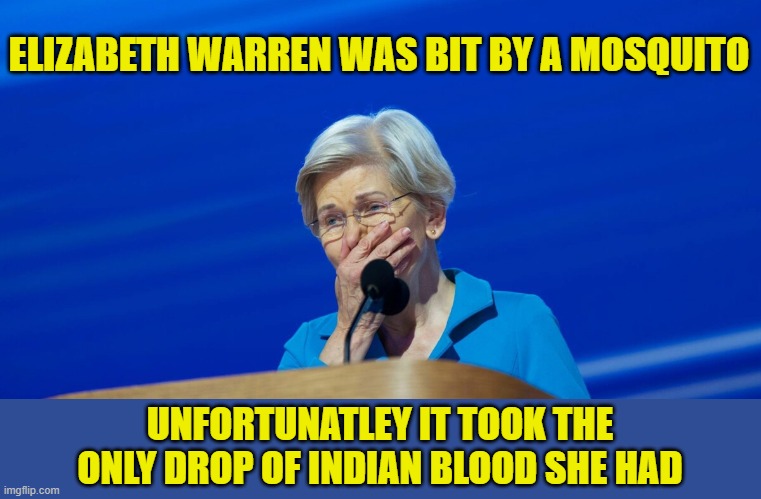 bit by mosquitot took the only drop | ELIZABETH WARREN WAS BIT BY A MOSQUITO; UNFORTUNATLEY IT TOOK THE ONLY DROP OF INDIAN BLOOD SHE HAD | made w/ Imgflip meme maker