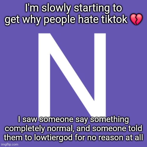 N | I'm slowly starting to get why people hate tiktok 💔; I saw someone say something completely normal, and someone told them to lowtiergod for no reason at all | image tagged in n | made w/ Imgflip meme maker