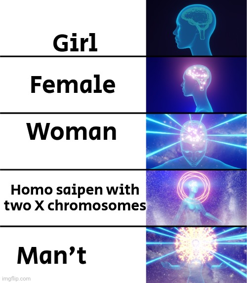 Real | Girl; Female; Woman; Homo saipen with two X chromosomes; Man't | image tagged in galaxy brain female copyright-free | made w/ Imgflip meme maker