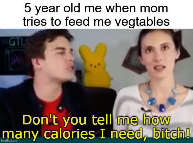 5 year old me when mom tries to feed me vegtables; Don't you tell me how many calories I need, bitch! | image tagged in matpat | made w/ Imgflip meme maker