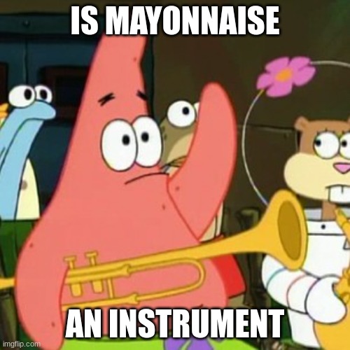 No patrick | IS MAYONNAISE; AN INSTRUMENT | image tagged in stop,stop reading the tags,i said stop,stop it get some help | made w/ Imgflip meme maker