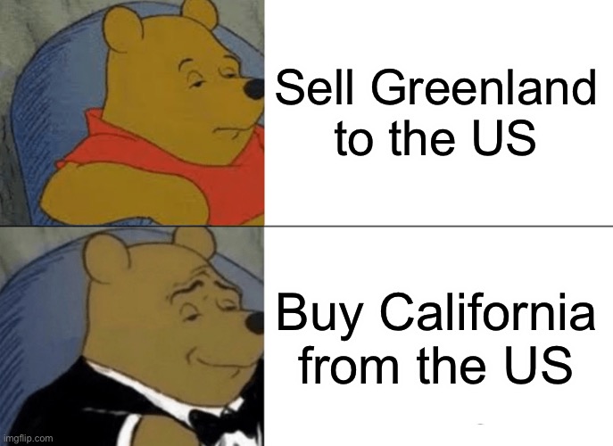 Tuxedo Winnie The Pooh Meme | Sell Greenland to the US; Buy California from the US | image tagged in memes,tuxedo winnie the pooh | made w/ Imgflip meme maker