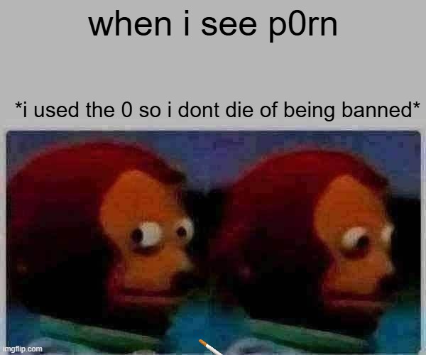 Monkey Puppet Meme | when i see p0rn; *i used the 0 so i dont die of being banned* | image tagged in memes,monkey puppet | made w/ Imgflip meme maker