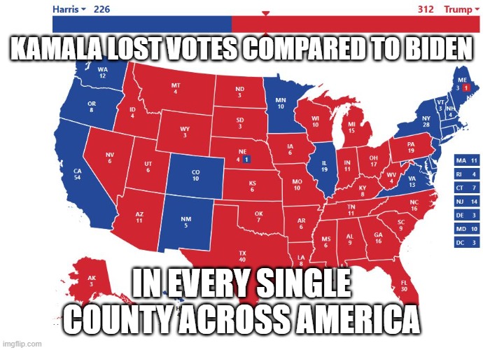 2024 Election Map | KAMALA LOST VOTES COMPARED TO BIDEN IN EVERY SINGLE COUNTY ACROSS AMERICA | image tagged in 2024 election map | made w/ Imgflip meme maker