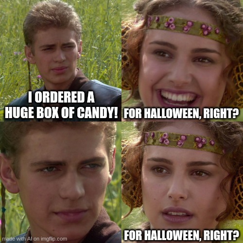 Anakin Padme 4 Panel | I ORDERED A HUGE BOX OF CANDY! FOR HALLOWEEN, RIGHT? FOR HALLOWEEN, RIGHT? | image tagged in anakin padme 4 panel | made w/ Imgflip meme maker