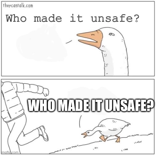 Angry goose | Who made it unsafe? WHO MADE IT UNSAFE? | image tagged in angry goose | made w/ Imgflip meme maker