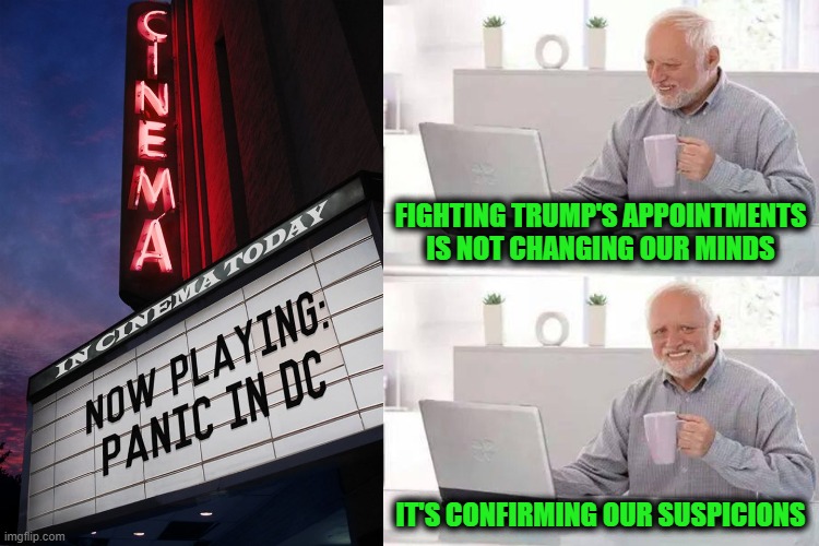 P.A.N.I.C: [P]atriots [A]re [N]ow [I]n [C]ontrol | FIGHTING TRUMP'S APPOINTMENTS IS NOT CHANGING OUR MINDS; IT'S CONFIRMING OUR SUSPICIONS | image tagged in memes,hide the pain harold | made w/ Imgflip meme maker