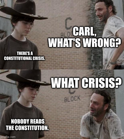 Rick and Carl | CARL, WHAT'S WRONG? THERE'S A CONSTITUTIONAL CRISIS. WHAT CRISIS? NOBODY READS THE CONSTITUTION. | image tagged in memes,rick and carl | made w/ Imgflip meme maker