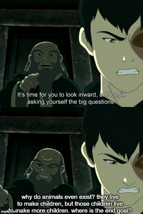 animals | why do animals even exist? they live to make children, but those children live to make more children. where is the end goal? | image tagged in iroh tells zuko to look inward and ask real questions | made w/ Imgflip meme maker