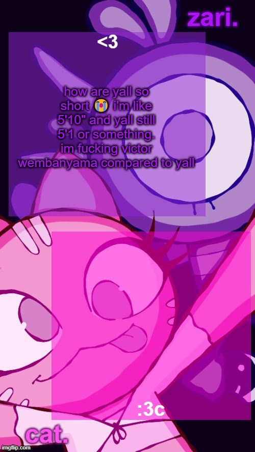 zari and cat catbirddog temp lol | how are yall so short 😭 i'm like 5'10" and yall still 5'1 or something. im fucking victor wembanyama compared to yall | image tagged in zari and cat catbirddog temp lol | made w/ Imgflip meme maker