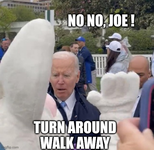 Joe Biden - Easter Bunny | NO NO, JOE ! TURN AROUND
WALK AWAY | image tagged in joe biden - easter bunny | made w/ Imgflip meme maker