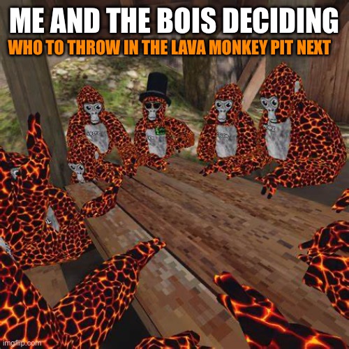 Gorilla Tag Lava Monkes | ME AND THE BOIS DECIDING; WHO TO THROW IN THE LAVA MONKEY PIT NEXT | image tagged in gorilla tag lava monkes | made w/ Imgflip meme maker