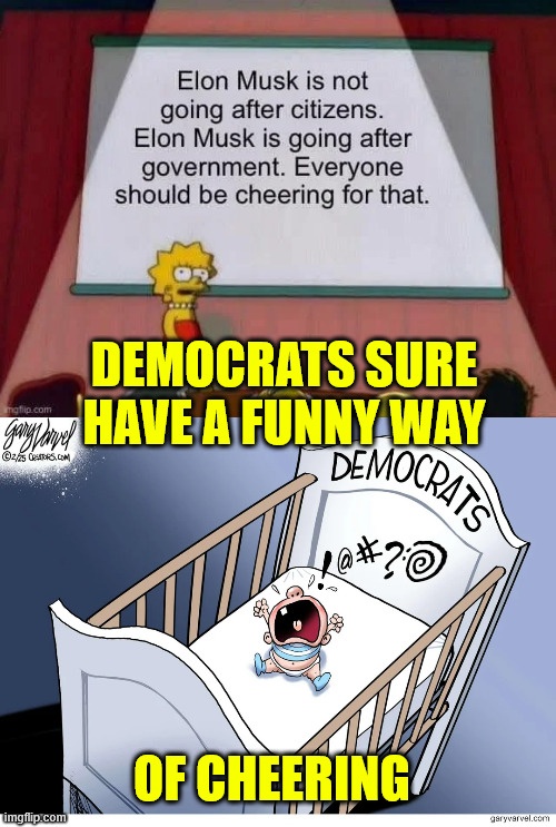 Americans cheering Elon for finding government corruption... dems... not so much | DEMOCRATS SURE HAVE A FUNNY WAY; OF CHEERING | image tagged in dems,crying over elon exposing government corruption | made w/ Imgflip meme maker