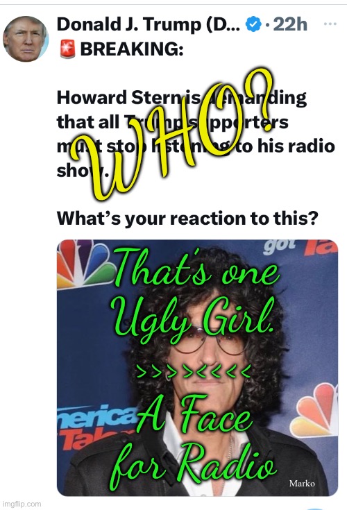 A voice for print | WHO? That’s one
Ugly Girl.
>>>><<<<
A Face
for Radio; Marko | image tagged in memes,my lord these dumborats r stoopid,fjb voters progressives kissmyass,morally bankrupt,evil man pleasers | made w/ Imgflip meme maker