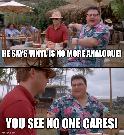 He says vinyl is no more analogue | HE SAYS VINYL IS NO MORE ANALOGUE! YOU SEE NO ONE CARES! | image tagged in memes,see nobody cares,vinyl,playing vinyl records | made w/ Imgflip meme maker