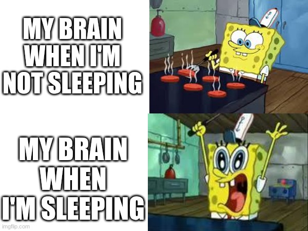 SpongeBob behind the grill | MY BRAIN WHEN I'M NOT SLEEPING; MY BRAIN WHEN I'M SLEEPING | image tagged in spongebob | made w/ Imgflip meme maker