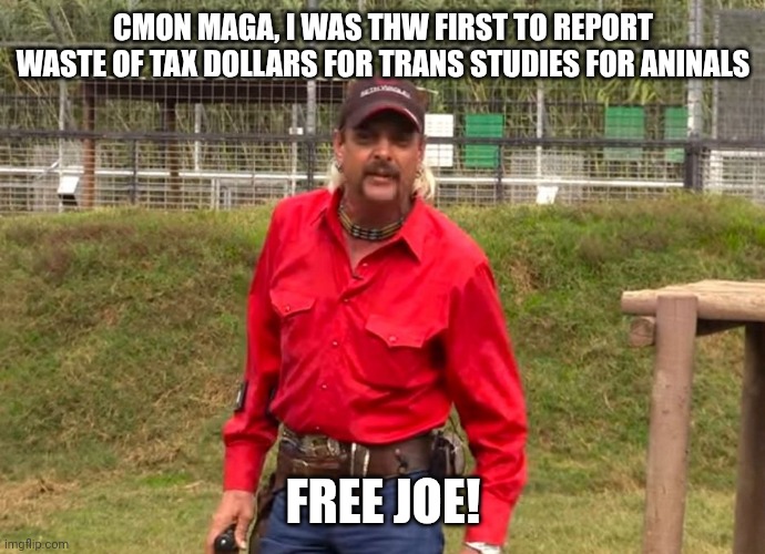 Joe Exotic | CMON MAGA, I WAS THW FIRST TO REPORT WASTE OF TAX DOLLARS FOR TRANS STUDIES FOR ANINALS FREE JOE! | image tagged in joe exotic | made w/ Imgflip meme maker