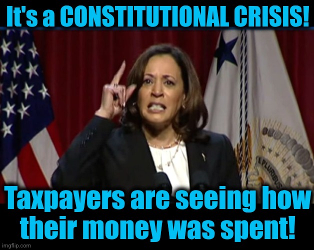 Panic stations for democrats! | It's a CONSTITUTIONAL CRISIS! Taxpayers are seeing how
their money was spent! | image tagged in kamala angry,constitutional crisis,memes,taxpayers,democrats,wasteful government spending | made w/ Imgflip meme maker