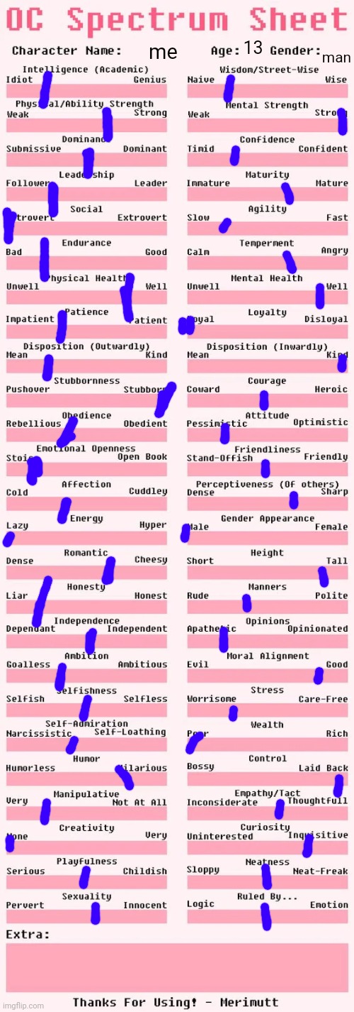 skibidi balls | 13; man; me | image tagged in spectrum sheet | made w/ Imgflip meme maker