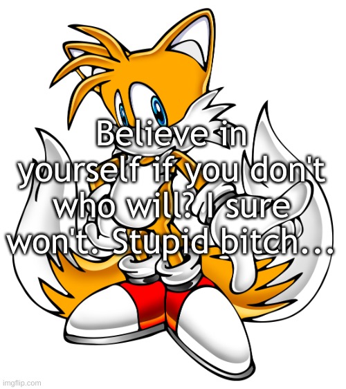 Silly | Believe in yourself if you don't who will? I sure won't. Stupid bitch... | image tagged in miles tails prower sonic adventure 1 | made w/ Imgflip meme maker