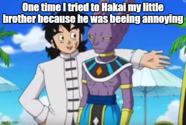 Beerus and yamcha | One time I tried to Hakai my little brother because he was beeing annoying | image tagged in beerus and yamcha | made w/ Imgflip meme maker