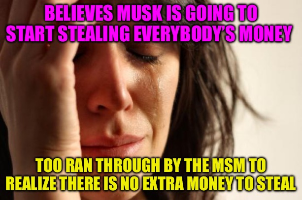 Grift Porn | BELIEVES MUSK IS GOING TO START STEALING EVERYBODY’S MONEY; TOO RAN THROUGH BY THE MSM TO REALIZE THERE IS NO EXTRA MONEY TO STEAL | image tagged in memes,first world problems,musk,train,political meme,political memes | made w/ Imgflip meme maker