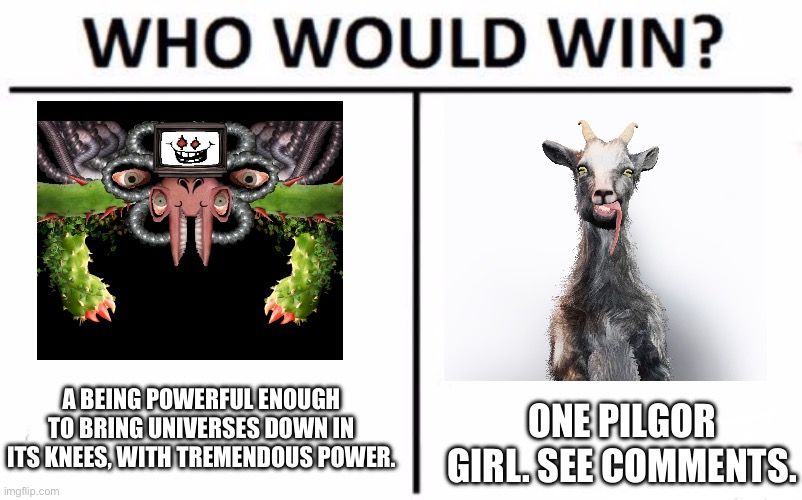 Don’t get mad Flowey. | A BEING POWERFUL ENOUGH TO BRING UNIVERSES DOWN IN ITS KNEES, WITH TREMENDOUS POWER. ONE PILGOR GIRL. SEE COMMENTS. | image tagged in memes,who would win | made w/ Imgflip meme maker