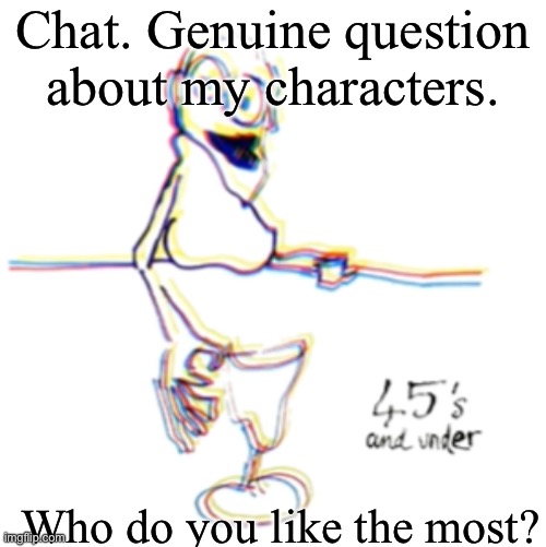 Forgot to ask another: Who’s been reading my stories? | Chat. Genuine question about my characters. Who do you like the most? | image tagged in 45's and under | made w/ Imgflip meme maker