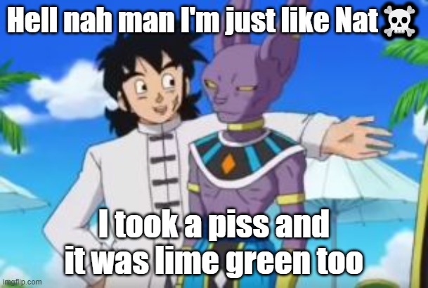 Beerus and yamcha | Hell nah man I'm just like Nat☠️; I took a piss and it was lime green too | image tagged in beerus and yamcha | made w/ Imgflip meme maker