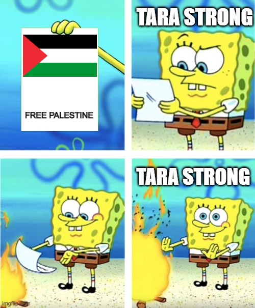 The current state of Tara Strong | TARA STRONG; FREE PALESTINE; TARA STRONG | image tagged in spongebob burning paper,tara strong,palestine | made w/ Imgflip meme maker