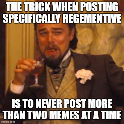 paradox to follow | THE TRICK WHEN POSTING SPECIFICALLY REGEMENTIVE; IS TO NEVER POST MORE THAN TWO MEMES AT A TIME | image tagged in memes,laughing leo,paradox of teaching patience,not-laughing,wednesday,_____ | made w/ Imgflip meme maker