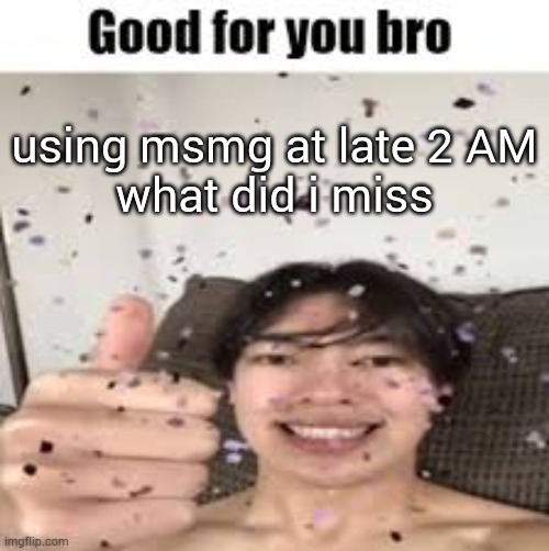 Good for you bro (Iraqi_Randomizer temp) | using msmg at late 2 AM
what did i miss | image tagged in good for you bro iraqi_randomizer temp | made w/ Imgflip meme maker