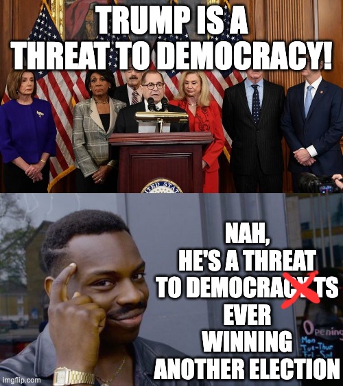 Trump turned off the Democrat's CASH MACHINE and now they're squealing. | TRUMP IS A THREAT TO DEMOCRACY! NAH, HE'S A THREAT TO DEMOCRACY TS
EVER WINNING ANOTHER ELECTION | image tagged in house democrats,memes,roll safe think about it,corrupt democrats | made w/ Imgflip meme maker