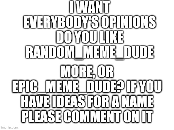 I need a GOOD name | I WANT EVERYBODY'S OPINIONS DO YOU LIKE RANDOM_MEME_DUDE; MORE, OR EPIC_MEME_DUDE? IF YOU HAVE IDEAS FOR A NAME PLEASE COMMENT ON IT | image tagged in please help me,memes,oh wow are you actually reading these tags | made w/ Imgflip meme maker