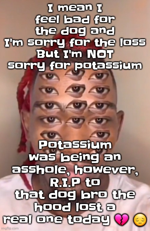 Think ts a game | I mean I feel bad for the dog and I'm sorry for the loss

But I'm NOT sorry for potassium; Potassium was being an asshole, however, R.I.P to that dog bro the hood lost a real one today 💔 😔 | image tagged in think ts a game | made w/ Imgflip meme maker