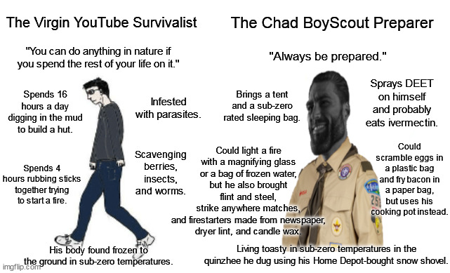 Always Be Prepared | The Virgin YouTube Survivalist; The Chad BoyScout Preparer; "You can do anything in nature if you spend the rest of your life on it."; "Always be prepared."; Sprays DEET on himself and probably eats ivermectin. Spends 16 hours a day digging in the mud to build a hut. Brings a tent and a sub-zero rated sleeping bag. Infested with parasites. Could scramble eggs in a plastic bag and fry bacon in a paper bag, but uses his cooking pot instead. Could light a fire with a magnifying glass or a bag of frozen water, but he also brought flint and steel,
strike anywhere matches,
and firestarters made from newspaper, dryer lint, and candle wax. Scavenging berries, insects, and worms. Spends 4 hours rubbing sticks together trying to start a fire. Living toasty in sub-zero temperatures in the quinzhee he dug using his Home Depot-bought snow shovel. His body found frozen to the ground in sub-zero temperatures. | image tagged in virgin vs chad,boy scouts,survival,always be prepared | made w/ Imgflip meme maker