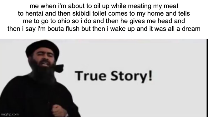 this happened | me when i'm about to oil up while meating my meat to hentai and then skibidi toilet comes to my home and tells me to go to ohio so i do and then he gives me head and then i say i'm bouta flush but then i wake up and it was all a dream | image tagged in abu bakr al-baghdadi true story | made w/ Imgflip meme maker