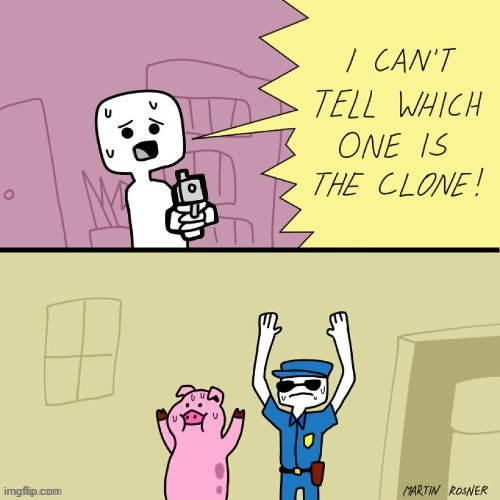 The clone | image tagged in pig,cop,clone,gun,comics,comics/cartoons | made w/ Imgflip meme maker