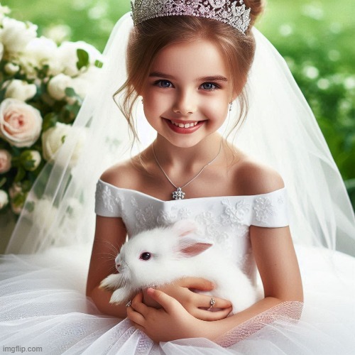 One picture with many forms of beauty | image tagged in little girl,white dress,veil,tiara,white rabbit,flowers | made w/ Imgflip meme maker