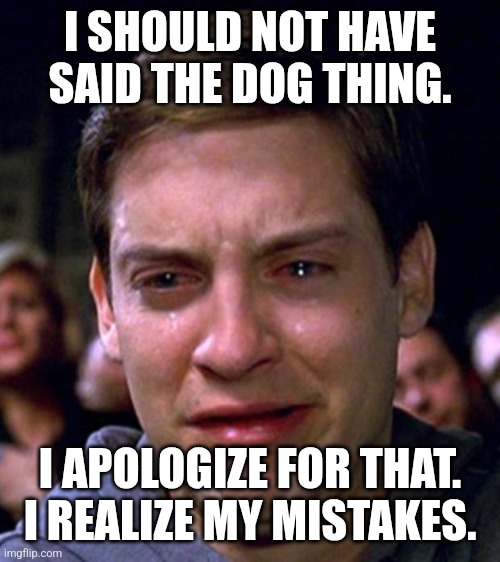 crying peter parker | I SHOULD NOT HAVE SAID THE DOG THING. I APOLOGIZE FOR THAT. I REALIZE MY MISTAKES. | image tagged in crying peter parker | made w/ Imgflip meme maker